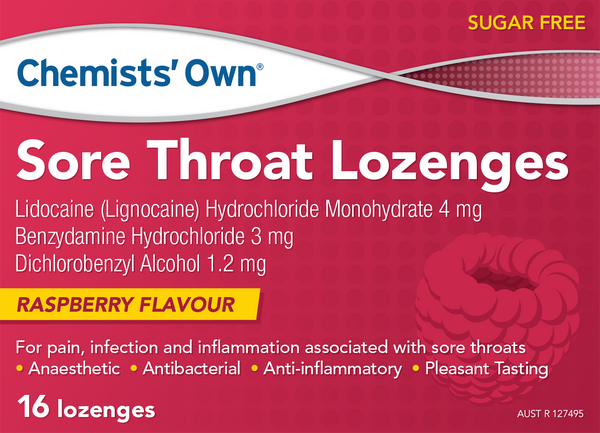 Chemists' Own Sore Throat Lozenges Raspberry 16 Lozenges